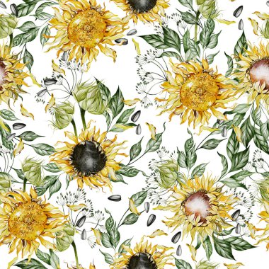 Ayçiçekleri ve yapraklarla suluboya desenli. Görüntü