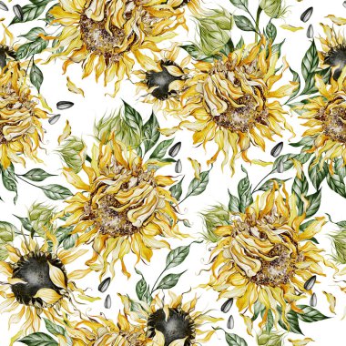 Ayçiçekleri ve yapraklarla suluboya desenli. Görüntü