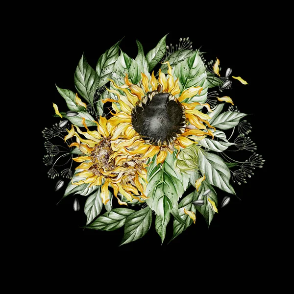 Watercolor bouquets with sunflowers and leaves. Illustration