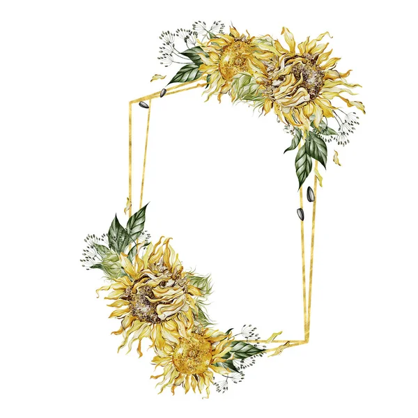 Aquarel Kaart Met Zonnebloemen Bladeren Illustratie — Stockfoto