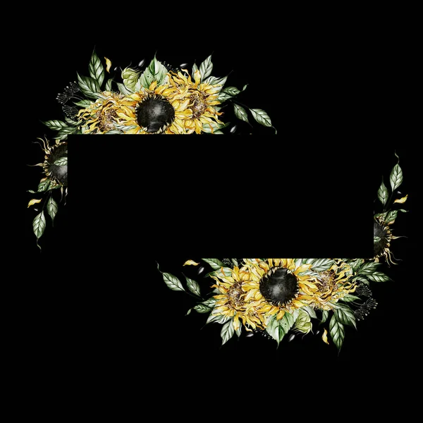 Акварельна Листівка Соняшниками Листям Ілюстрація — стокове фото