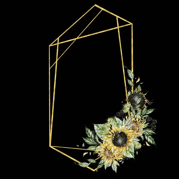 Aquarellkarte Mit Sonnenblumen Und Blättern Illustration — Stockfoto