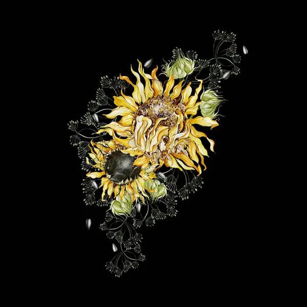 Aquarellsträuße Mit Sonnenblumen Und Blättern Illustration — Stockfoto