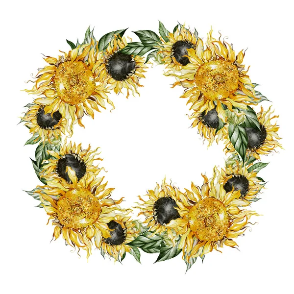 Watercolor Wreath Sunflowers Leaves Illustration — Stock Photo, Image