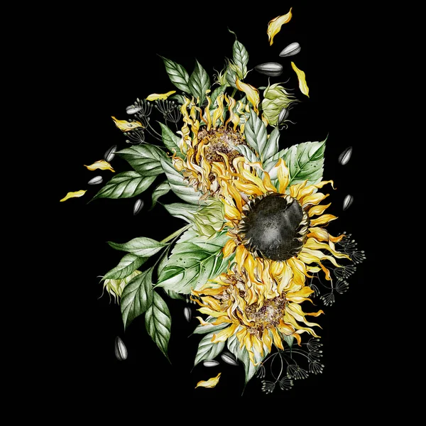 花と葉が付いている水彩の花束 イラストレーション — ストック写真