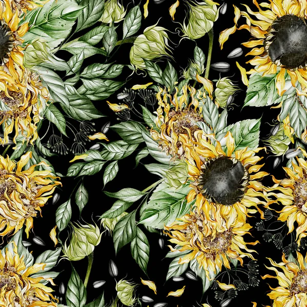 Aquarell Nahtloses Muster Mit Sonnenblumen Und Blättern Illustration — Stockfoto