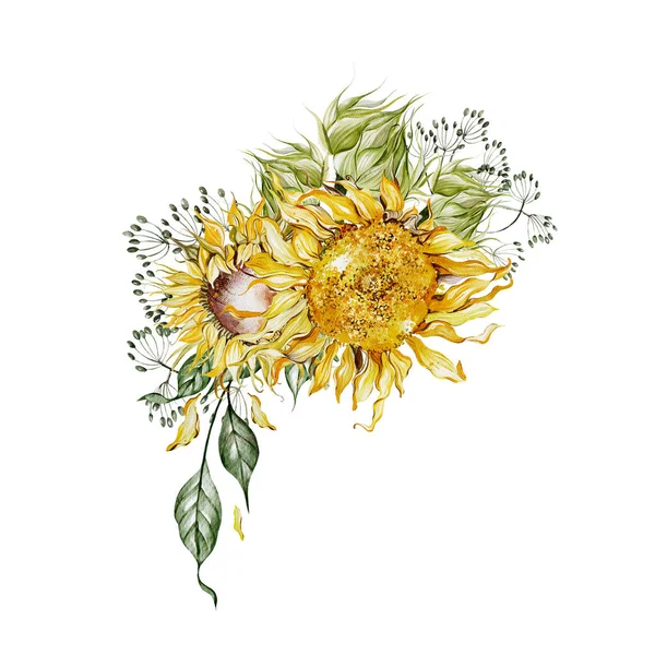 Aquarellsträuße Mit Sonnenblumen Und Blättern Illustration — Stockfoto