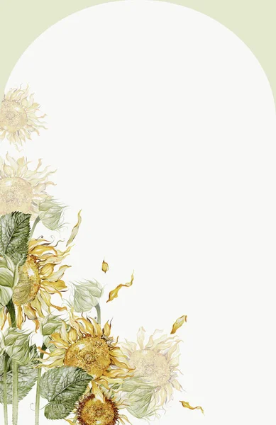 Ayçiçekli Yapraklı Suluboya Kart Görüntü — Stok fotoğraf