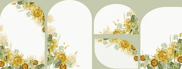 サンフラワーと葉の水彩カード イラストレーション — ストック写真