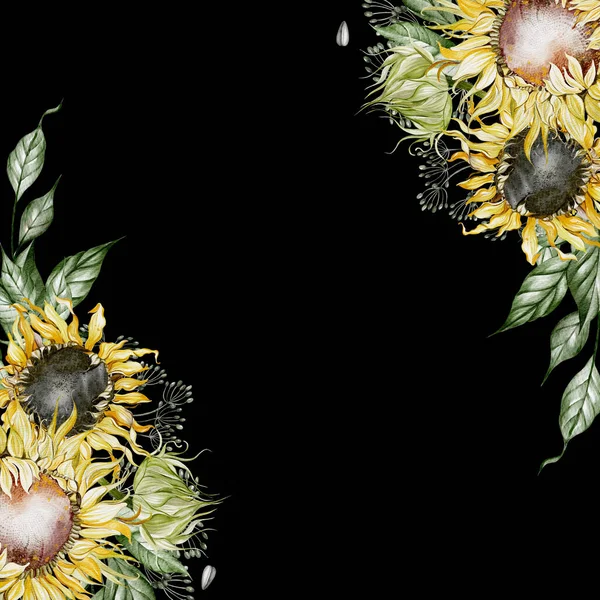 Aquarellkarte Mit Sonnenblumen Und Blättern Illustration — Stockfoto
