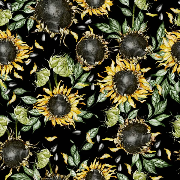 Aquarell Nahtloses Muster Mit Sonnenblumen Und Blättern Illustration — Stockfoto