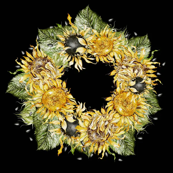 Aquarellkranz Mit Sonnenblumen Und Blättern Illustration — Stockfoto
