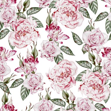 Güller ve şakayık çiçeklerle sulu boya desenli. Görüntü