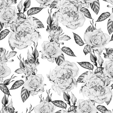 Güller ve şakayık çiçeklerle sulu boya desenli. Görüntü