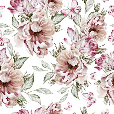 Güller ve şakayık çiçeklerle sulu boya desenli. Görüntü