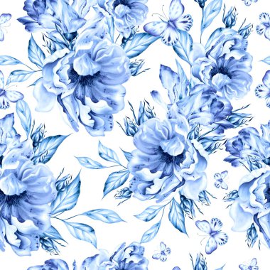 Güller ve şakayık çiçeklerle sulu boya desenli. Görüntü