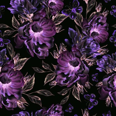 Güller ve şakayık çiçeklerle sulu boya desenli. Görüntü