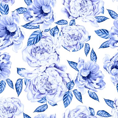 Güller ve şakayık çiçeklerle sulu boya desenli. Görüntü