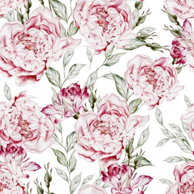 Güller ve şakayık çiçeklerle sulu boya desenli. Görüntü