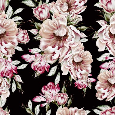 Güller ve şakayık çiçeklerle sulu boya desenli. Görüntü