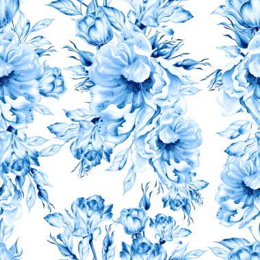 Güller ve şakayık çiçeklerle sulu boya desenli. Görüntü