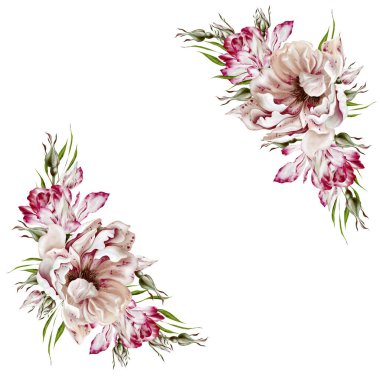 Güllü ve şakayık çiçekli suluboya kart. Görüntü