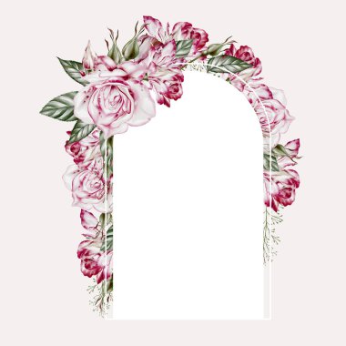 Güllü ve şakayık çiçekli suluboya kart. Görüntü