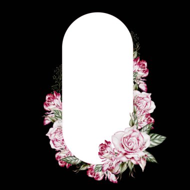 Güllü ve şakayık çiçekli suluboya kart. Görüntü