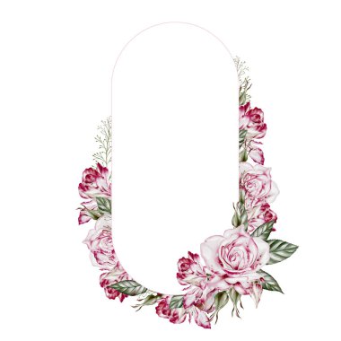 Güllü ve şakayık çiçekli suluboya kart. Görüntü