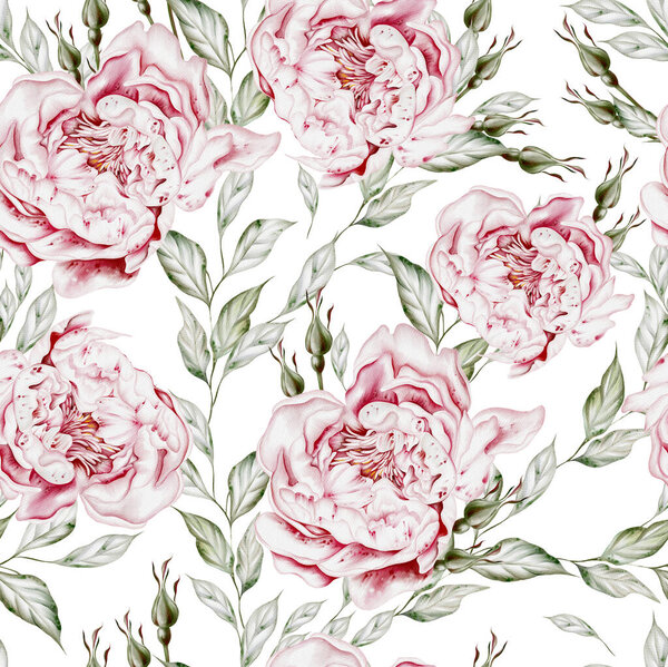 Акварель бесшовный узор с розами и пионскими цветами. Иллюстрация