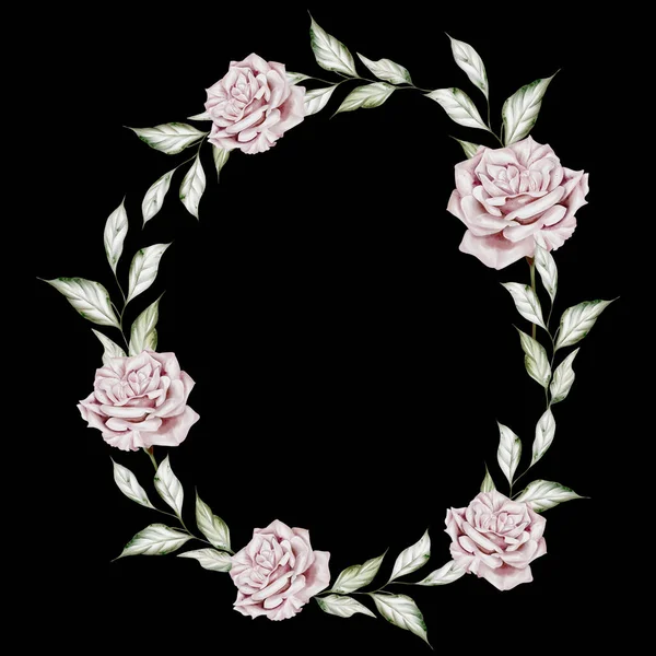 Акварельный Венок Розами Листьями Иллюстрация — стоковое фото