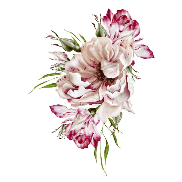 Watercolor Bouquet Roses Peony Flowers Illustration — стоковое фото