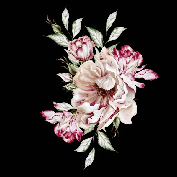 Watercolor Bouquet Roses Peony Flowers Illustration —  Fotos de Stock