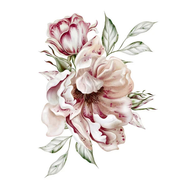 Ramo Acuarela Con Rosas Flores Peonía Ilustración —  Fotos de Stock