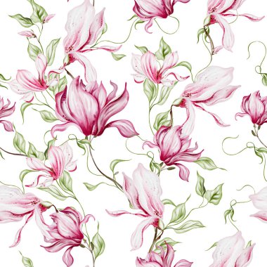 Pembe manolya çiçekleri ve yapraklarıyla sulu boya deseni. Görüntü