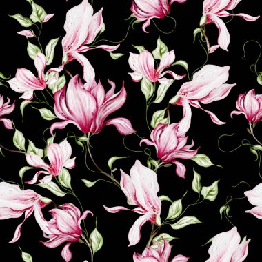 Pembe manolya çiçekleri ve yapraklarıyla sulu boya deseni. Görüntü