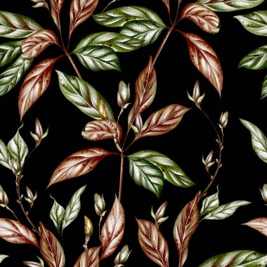 Pembe manolya çiçekleri ve yapraklarıyla sulu boya deseni. Görüntü