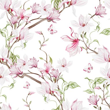 Pembe manolya çiçekleri ve yapraklarıyla sulu boya deseni. Görüntü