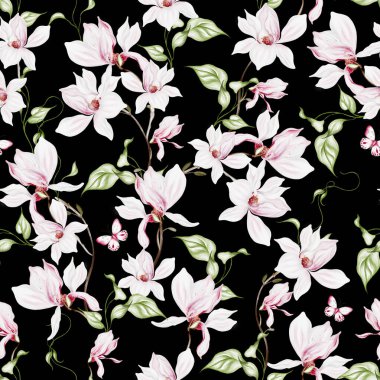 Pembe manolya çiçekleri ve yapraklarıyla sulu boya deseni. Görüntü