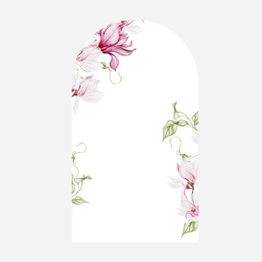 Manolya çiçekleri ve yapraklarıyla suluboya düğün kartı. Görüntü