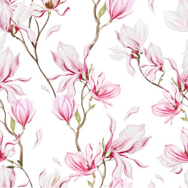 Pembe manolya çiçekleri ve yapraklarıyla sulu boya deseni. Görüntü