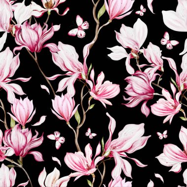 Pembe manolya çiçekleri ve yapraklarıyla sulu boya deseni. Görüntü