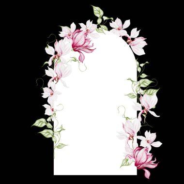 Manolya çiçekleri ve yapraklarıyla suluboya düğün kartı. Görüntü