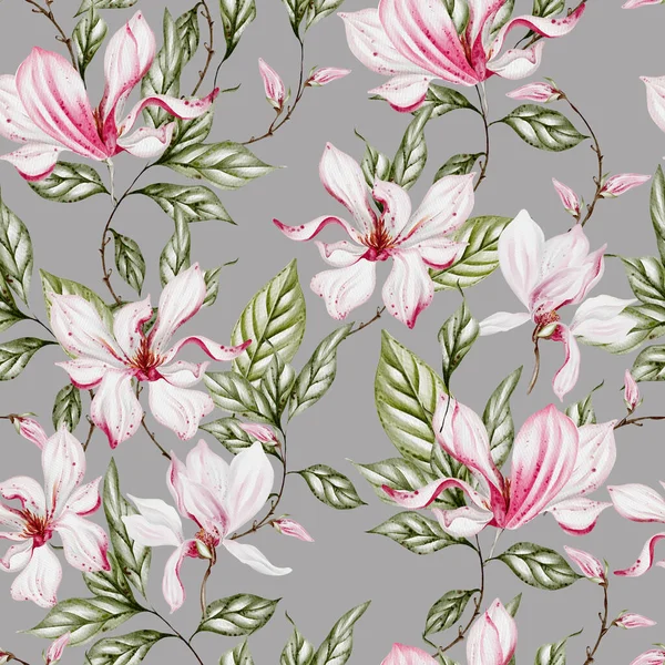 Akvarell Sömlöst Mönster Med Rosa Magnolia Blommor Och Blad Illustration — Stockfoto