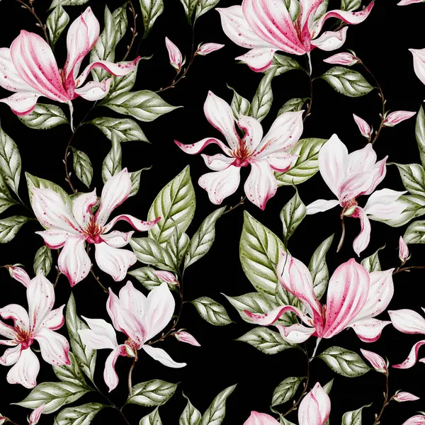 Akvarel Bezešvný Vzor Růžovými Magnóliovými Květy Listy Ilustrace — Stock fotografie