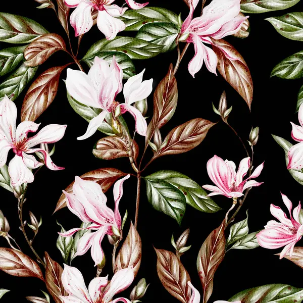 Акварельний Безшовний Візерунок Рожевими Квітами Магнолії Листям Ілюстрація — стокове фото