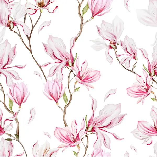 Pembe manolya çiçekleri ve yapraklarıyla sulu boya deseni. Görüntü