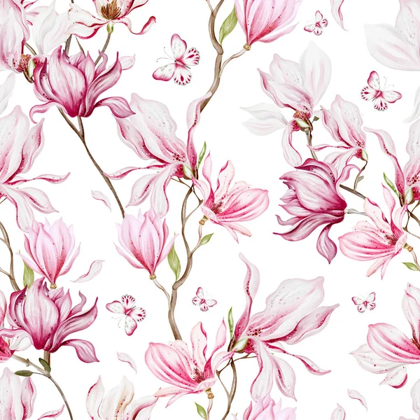 ピンクのマグノリアの花と葉が付いている水彩のシームレスなパターン イラストレーション — ストック写真