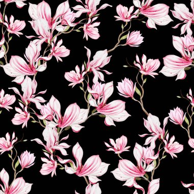 Pembe manolya çiçekleri ve yapraklarıyla sulu boya deseni. Görüntü