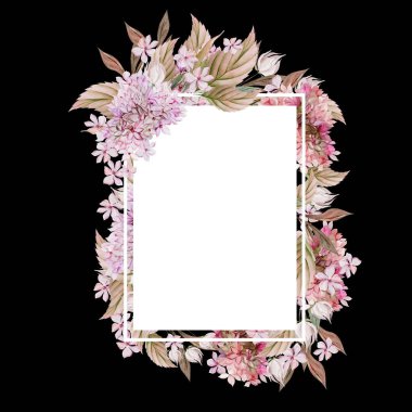 Ortanca yapraklı ve çiçekli düğün suluboya kartı.